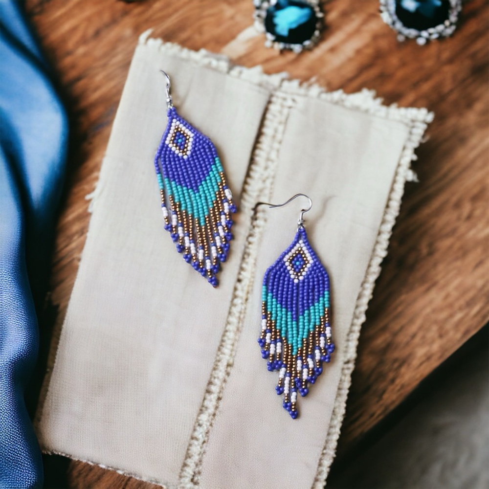 Rhombus Shape Colorful Beaded Tassel Dangle Earrings Bohemian Ethnic Style